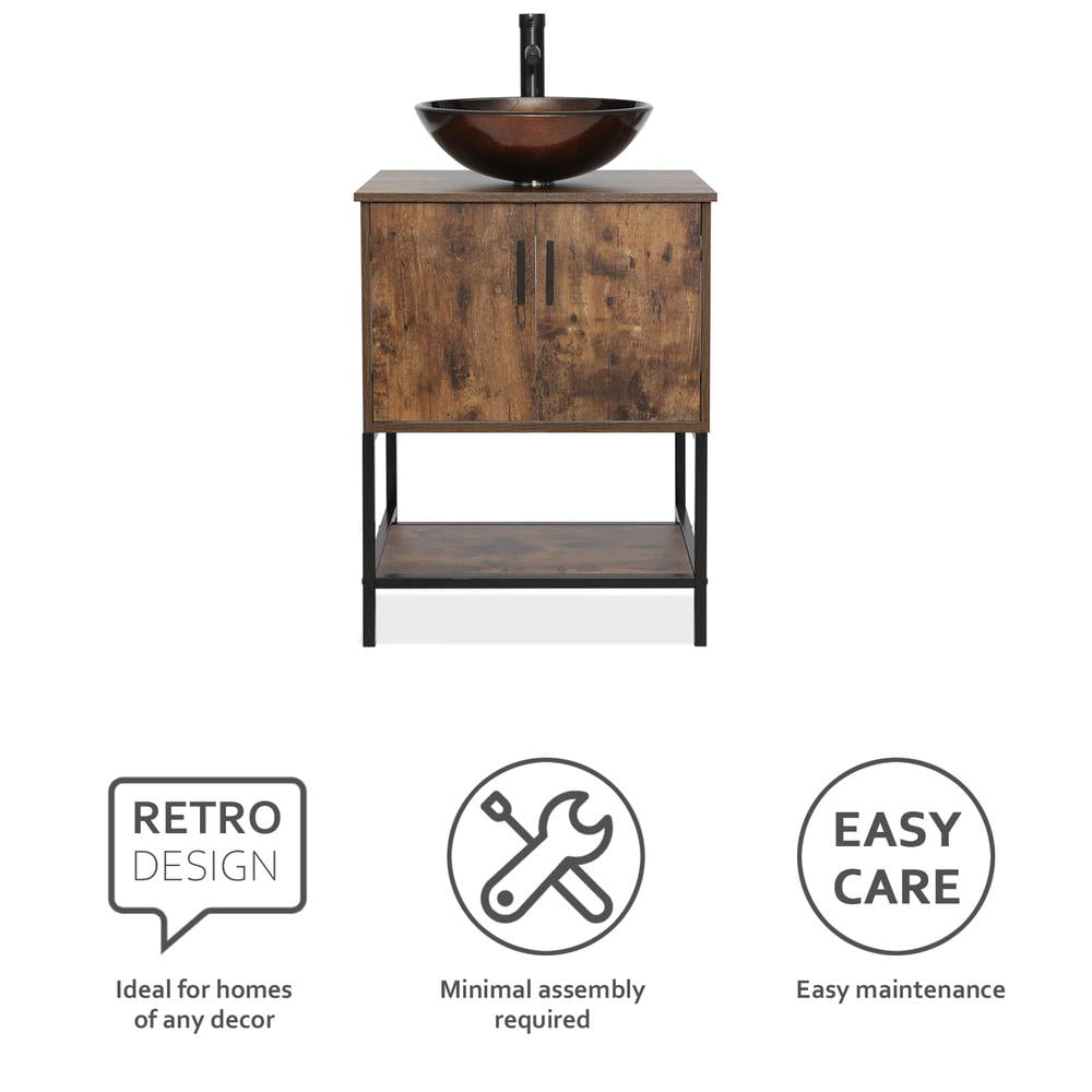 Eclife 24" Farmhouse Bathroom Vanity with Rustic Brown Top, Brown Glass Sink