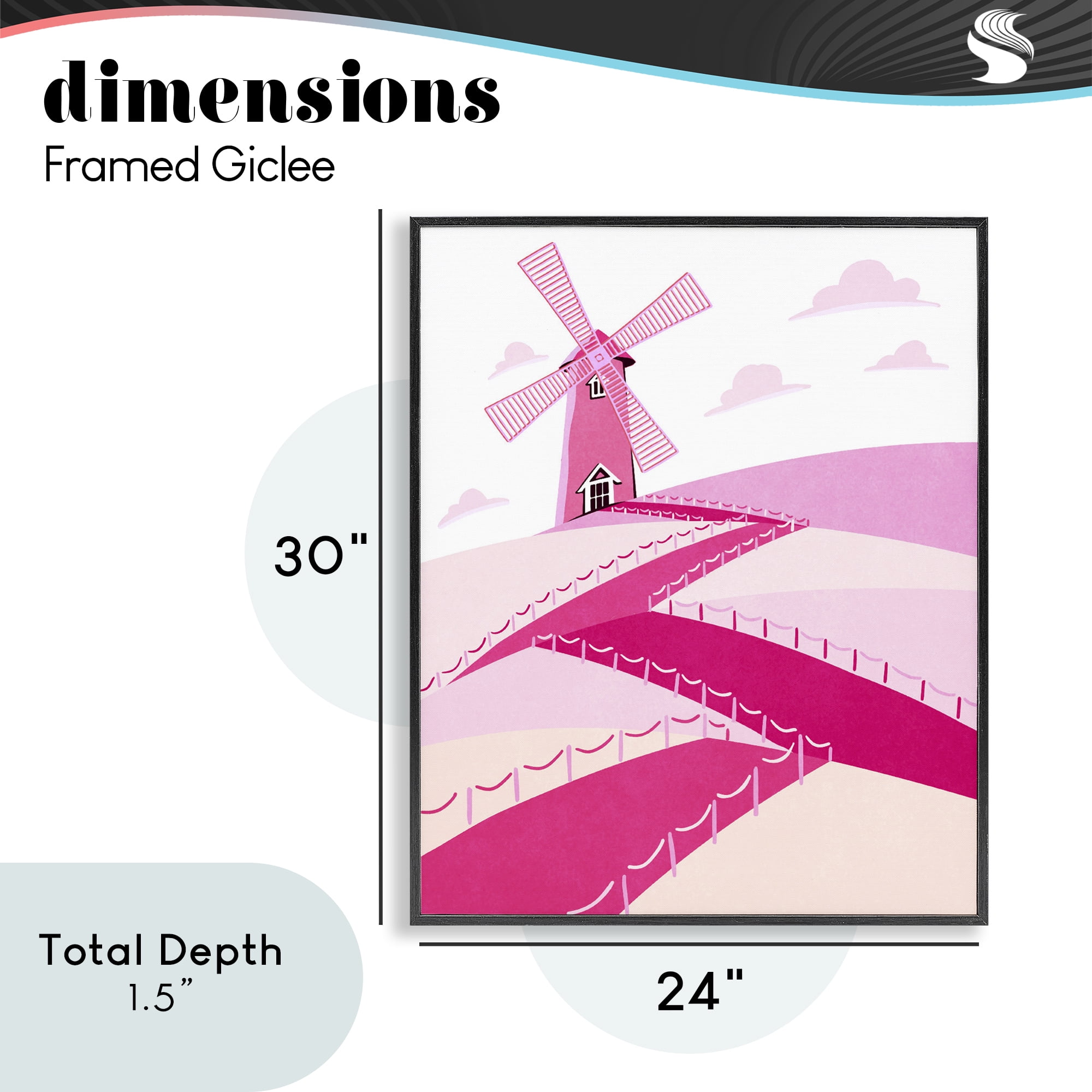 Pink Hills and Windmill Black Framed Giclee Art, design by Ziwei Li