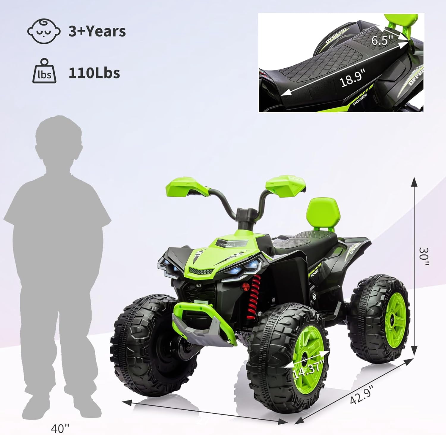 Trilenars 24v 2 Seater Ride on ATV Car in Green for Off-Road,Green
