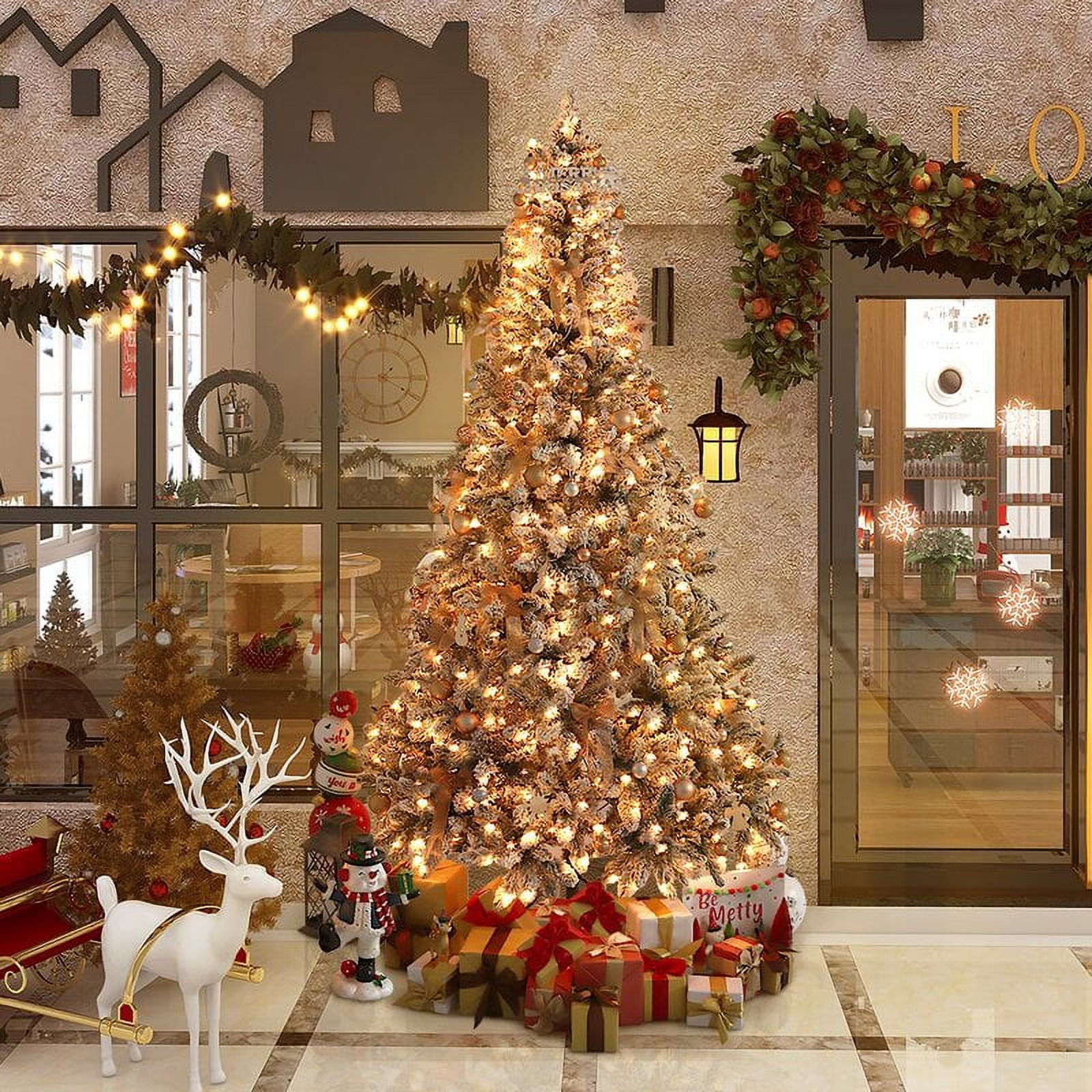 Abble Clear Prelit Incandescent Gold Flocked Spruce Artificial Christmas Tree, 9'