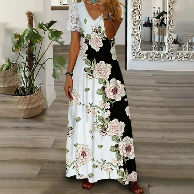 Robe d'Été pour Femmes 2024 Mode Grande Taille Décontractée Col en V Imprimé Manches Courtes Robe 50 % de Réduction!