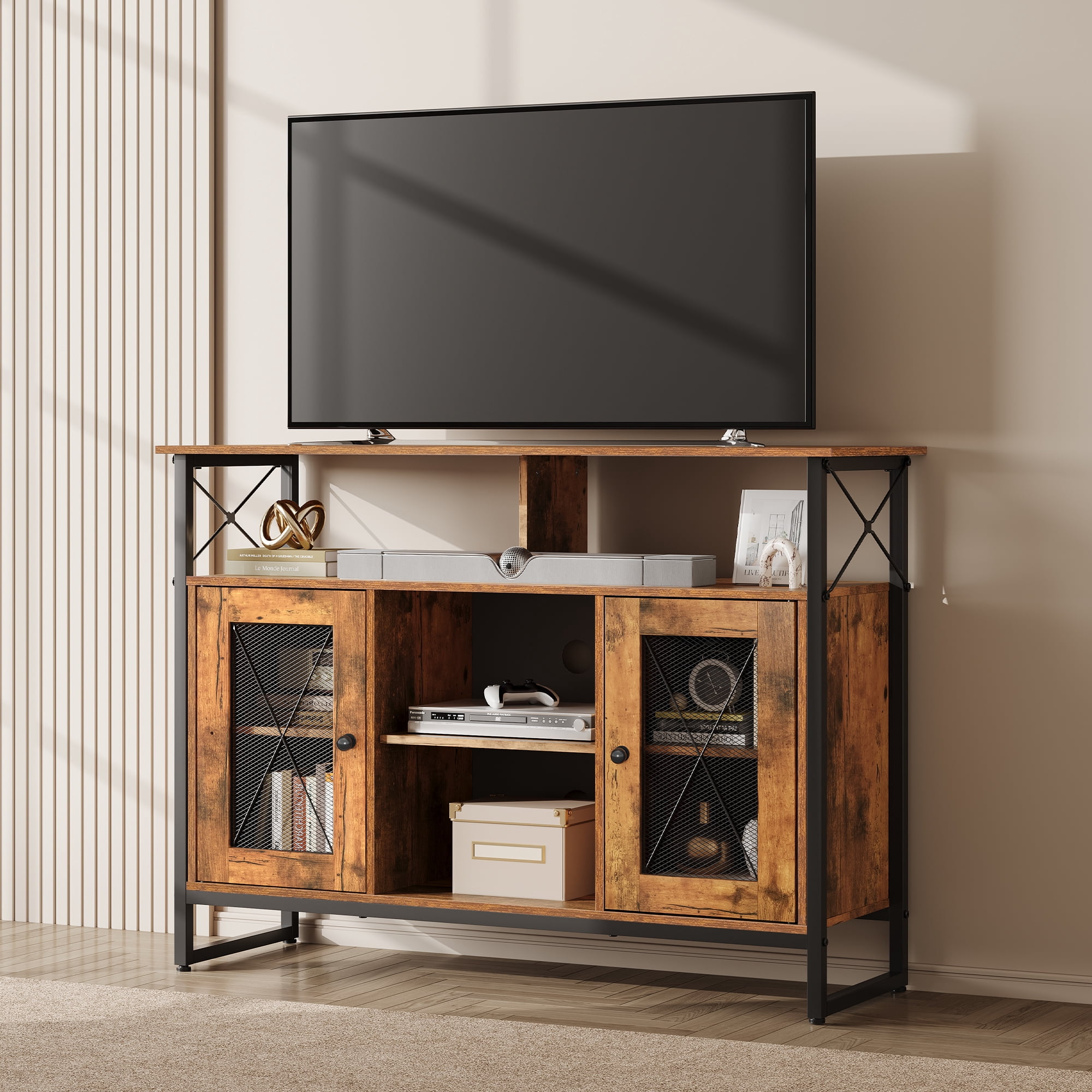 GALAXHERO TV Stand for 43 inch TV Small Entertainment Center with Storage Cabinet & Adjustable Shelves Farmhouse Industrial TV Table for Living Room and Bedroom, 32" TV Console, Rustic Brown