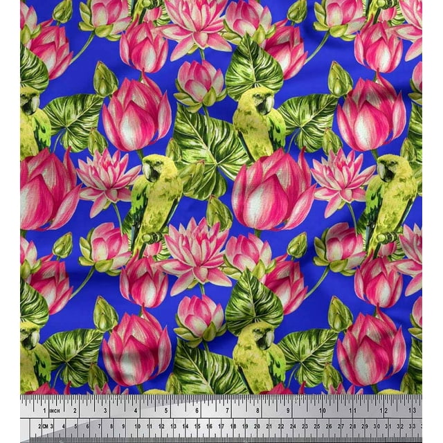 Soimoi Rayon Fabric Parrot,Leaves & Lotus Floral Decor Fabric Printed Yard 42 Inch Wide