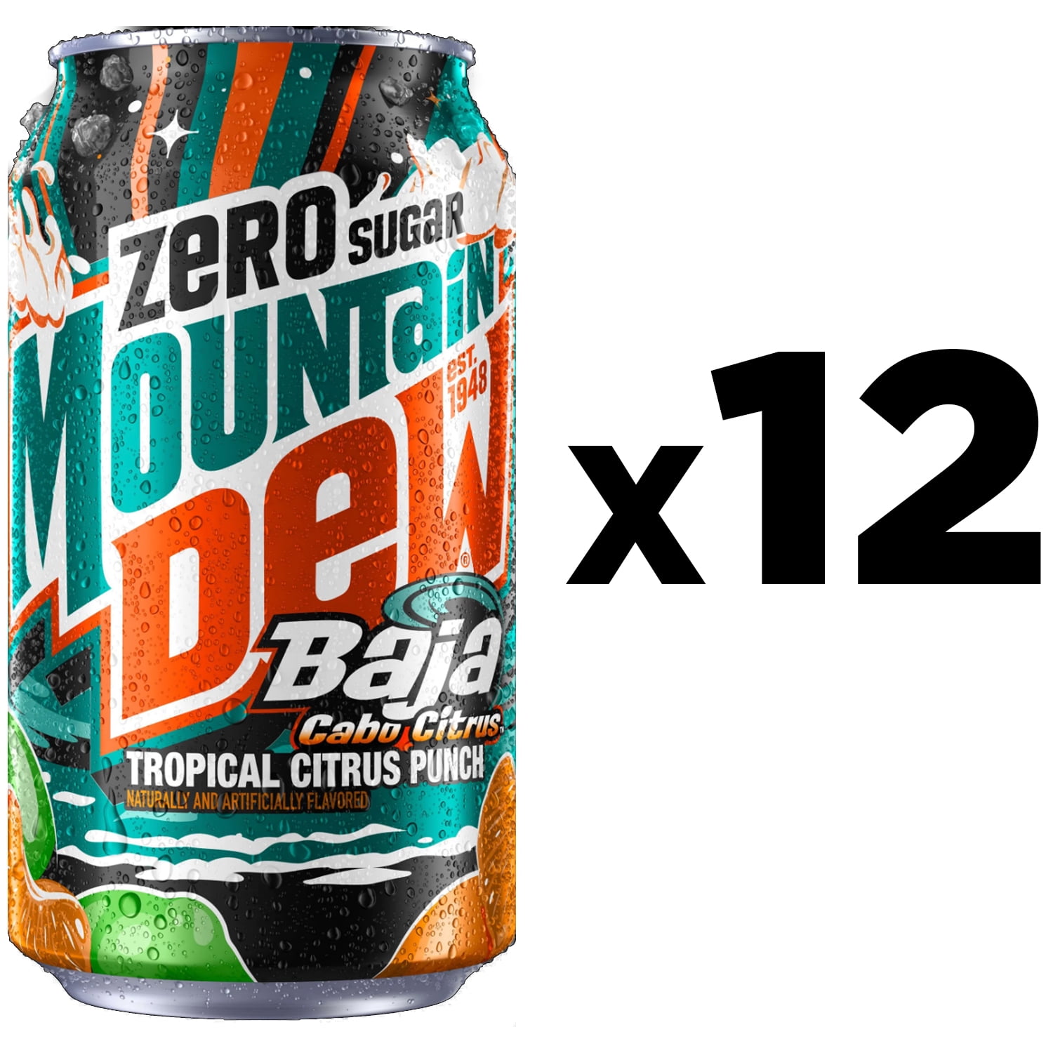 Mountain Dew Zero Sugar Baja Blast Cabo Citrus Soda, 12 fl oz Cans, 12 pack