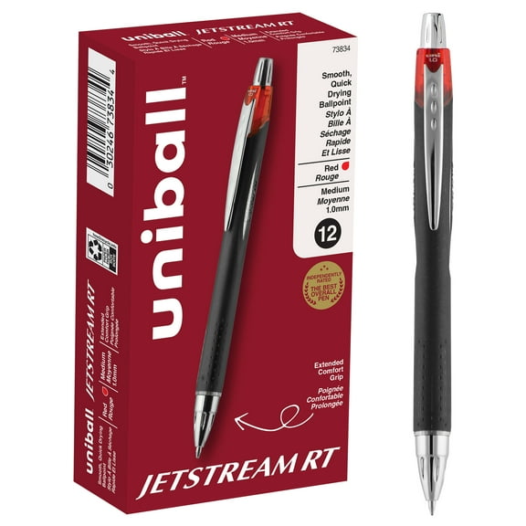 uniball Jetstream RT Retractable Ballpoint Pens, Medium Point (1.0mm), Red Ink, 12 Count