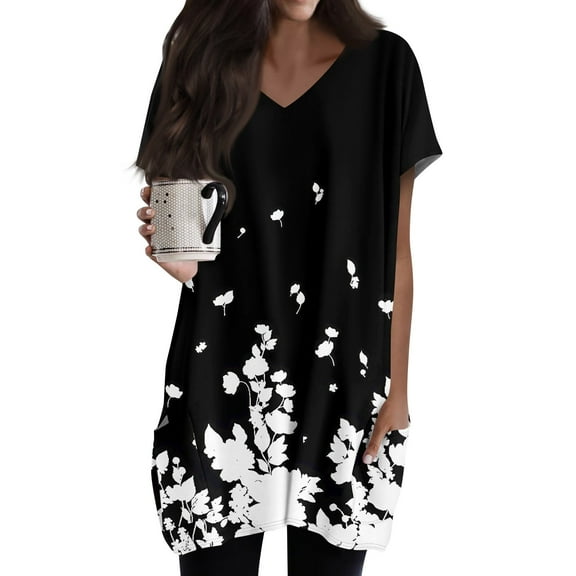 TQWQT Womens Plus Size Tunic Tops with Pockets Long Shirts for Legging Oversized Tunic Tops Short Sleeve V Neck T-Shirt Summer Ethnic Floral Print Long Tops