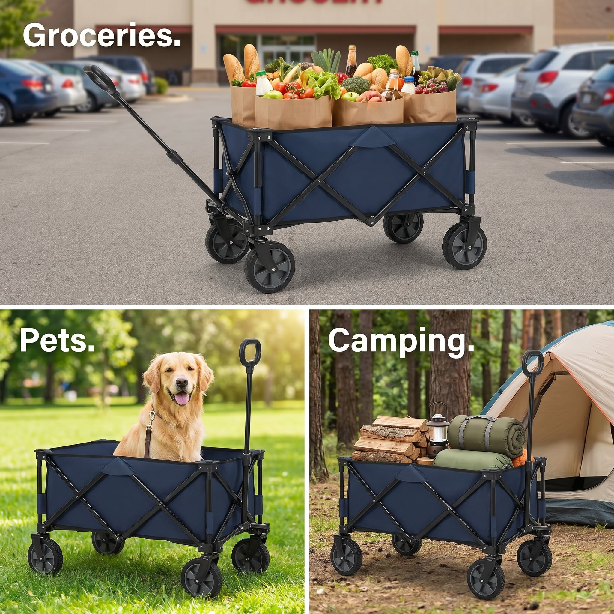 Folding Wagon with Wide Wheels, Collapsible Utility Cart, 220 lb Capacity, Lightweight Compact Beach Wagon with Full-Side Opening, Dog Leash, Steel Frame, Dark Blue