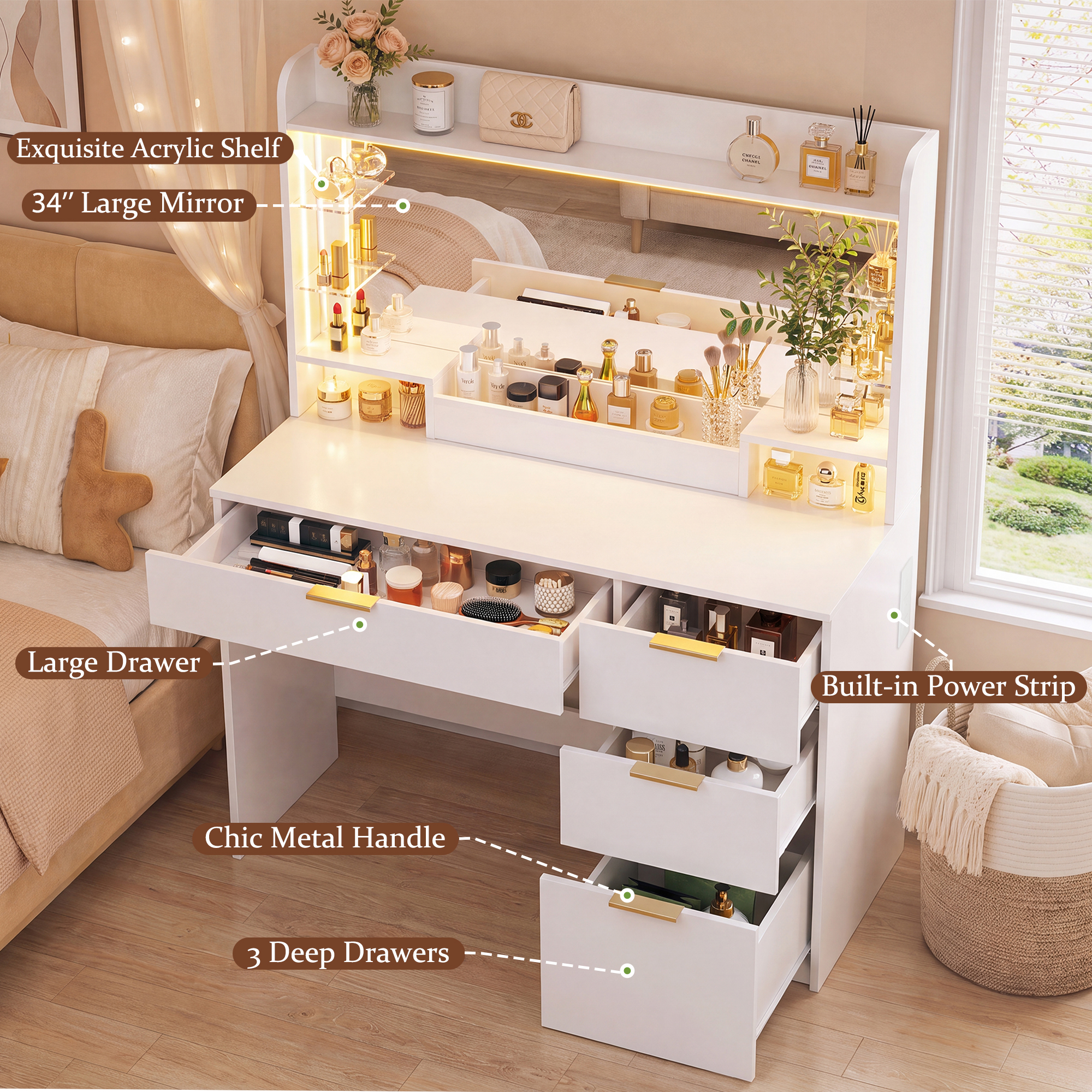 Tomnk 35.4" Vanity Desk with Mirror, Lights & Drawers, White photo 2