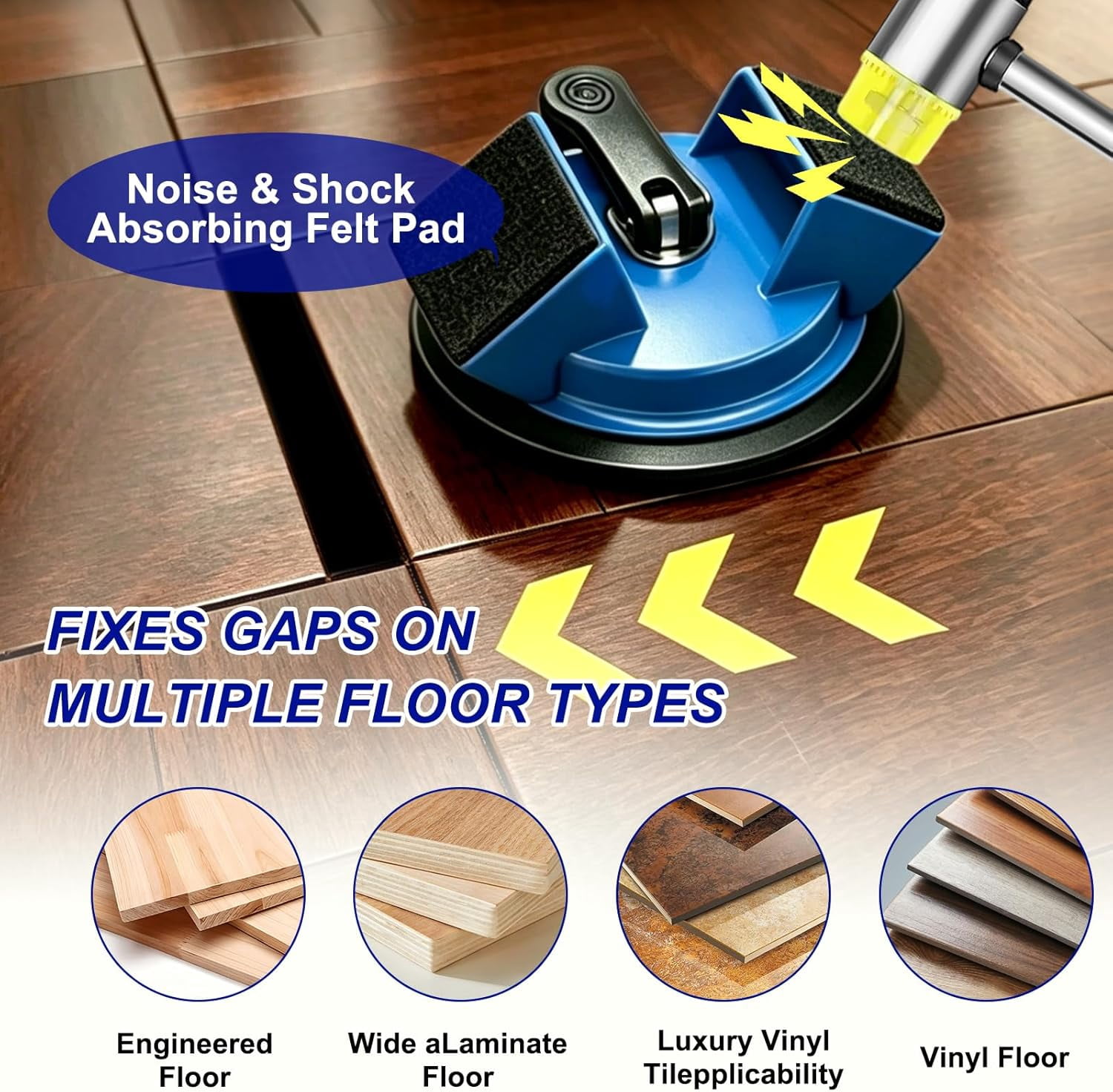 Floor Gap Fixer Tool – Heavy-Duty Iron Body with Enhanced Suction Cup, 45° Striking Surface for Floating Laminate & Vinyl Plank Flooring Repair, Includes 6 Adhesive Pads & Cleaning Blade