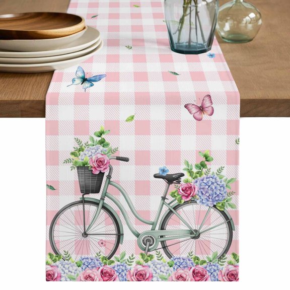 Spring Table Runner 90 Inches, Bicycles Leaves Butterfly Flowers Pink Buffalo Plaid Bed Runner Dresser Scarves Tabletop for Indoor Outdoor Parties/Ceremony/Banquet, 13" x 90"