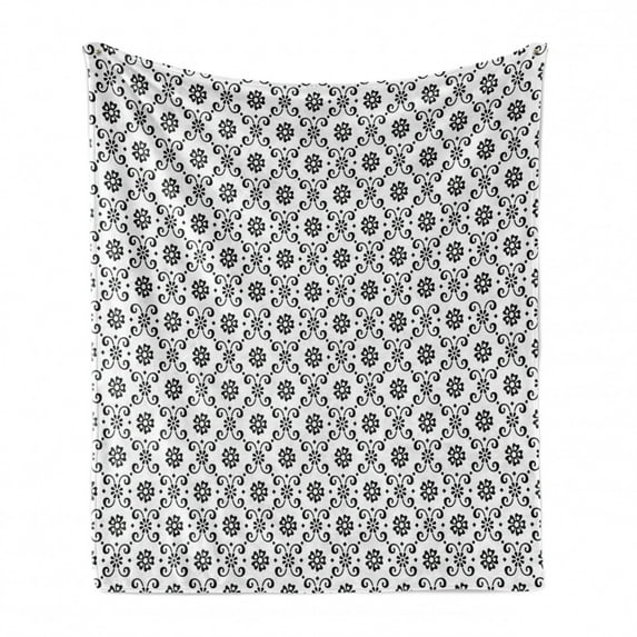 Black and White Soft Flannel Fleece Throw Blanket, Monochrome Floral Arrangement with Abstract Swirl Leaves Spring Season, Cozy Plush for Indoor and Outdoor Use, 70" x 90", Black White, by Ambesonne