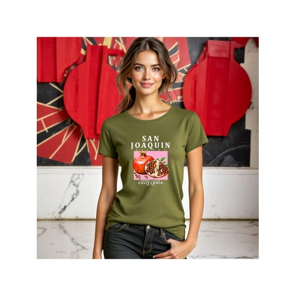 Playera Frutal Granadas San Joaquin Valley – Estilo Fresco con Sabor a Granada Ropa Para Mujer Color Verde Oliva Talla Chica Marca Emil SaEs