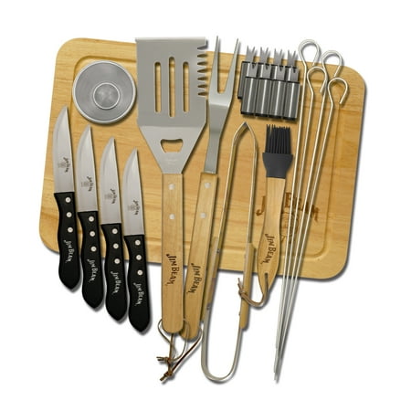 Patio Grill Designs Jim Beam JB0102 - Barbecue Lovers Ergonomically Designed 22 Piece Food Prepare and Serve Grill Set, Barbecue Tool Set contains - Knife, Fork, Spatula, Corn Holder, Tongs, Cleaning Brush & Wooden Board ()