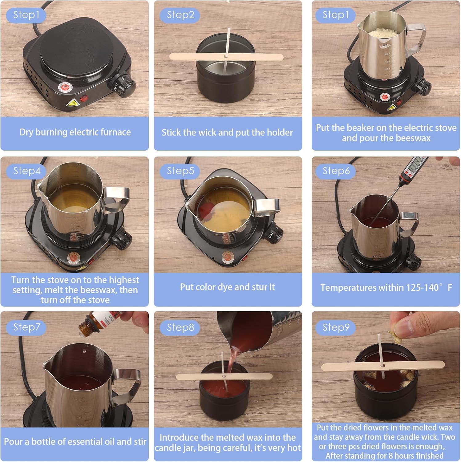 Haccah Complete Candle Making Kit with Wax Melter, 9 Essential Scents, Natural Beeswax, Thermometer, Pouring Pot, Wick Clips, Candle Tins, Dried Flowers