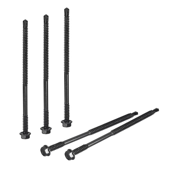 Uxcell 25 Pack #14 x 5" Self Drilling Screws, 410 Stainless Steel Self Tapping Screws for Metal, Black Oxidation Finish, Hex Washer Head Sheet Metal Screws