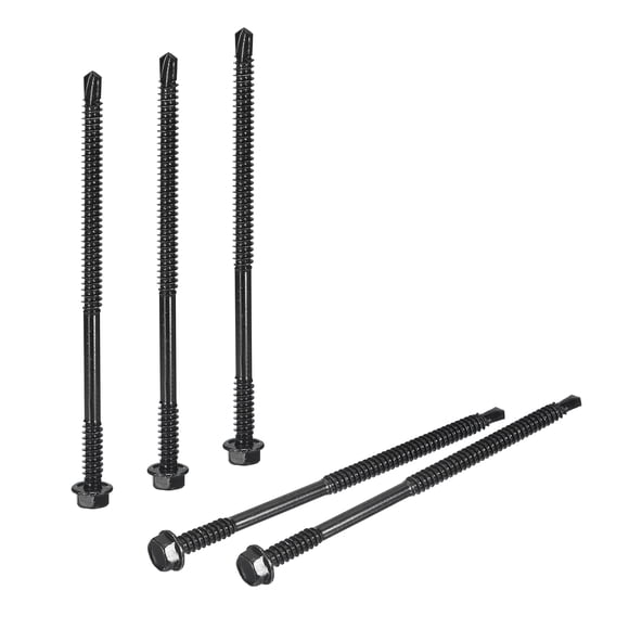 Uxcell 100 Pack #14 x 5" Self Drilling Screws, 410 Stainless Steel Self Tapping Screws for Metal, Black Oxidation Finish, Hex Washer Head Sheet Metal Screws