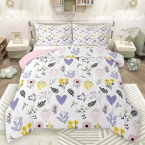 Homewish Cute Loves Queen Comforter Set,Cartoon Flower Floral Bedding Sets,White Purple Yellow Bedding Comforter Set For Girl,Super Cozy Room Decor Reversible,3-Piece
