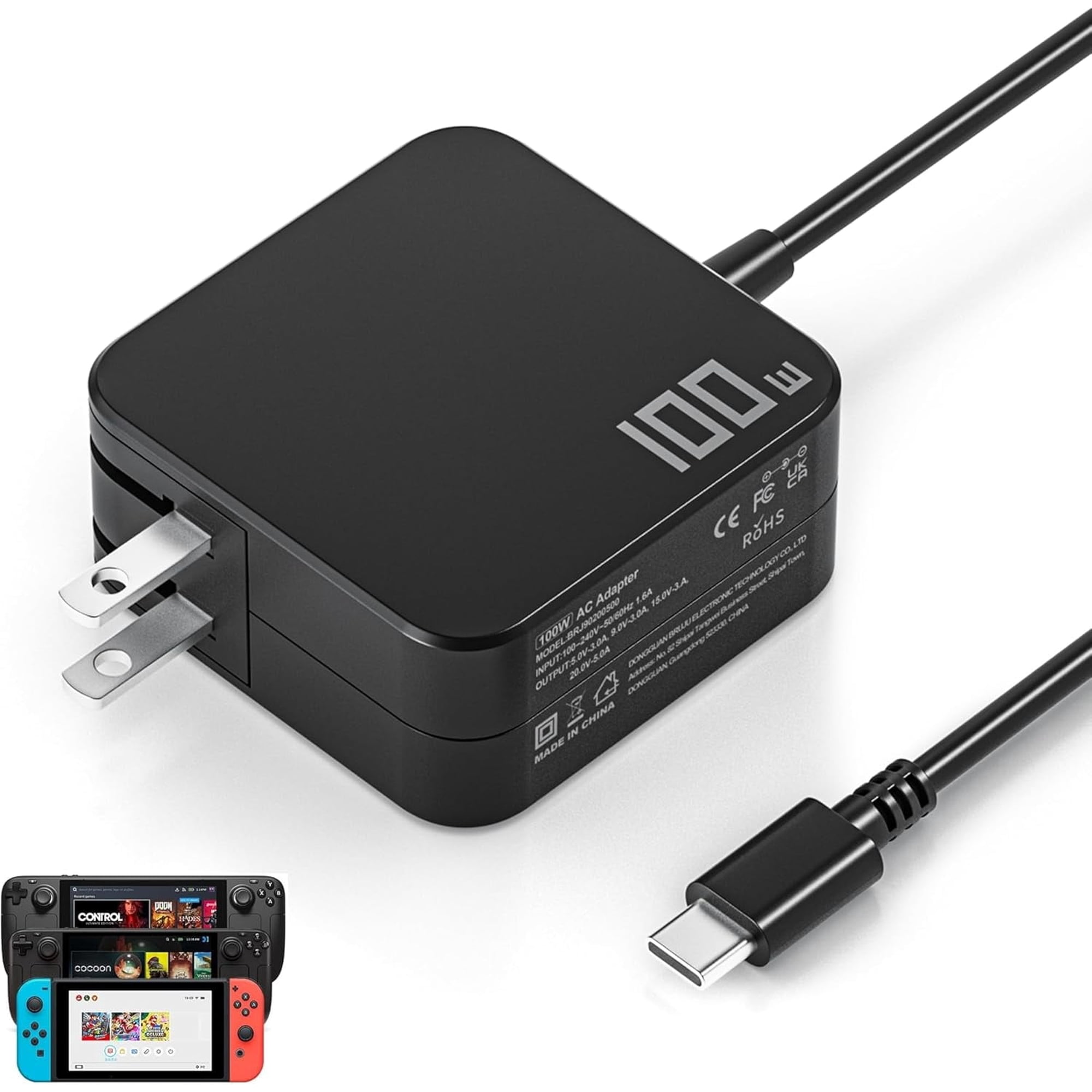 100W 65W USB-C Charger for Steam Deck/Steam Deck OLED, ROG Xbox Ally X/ROG Ally X, Switch 2/OLED/Lite, MSI Claw 8/7 AI+/A8 BZ2EM/A1M, R36MAX Retro Console, Legion Go S Type C Power Cord