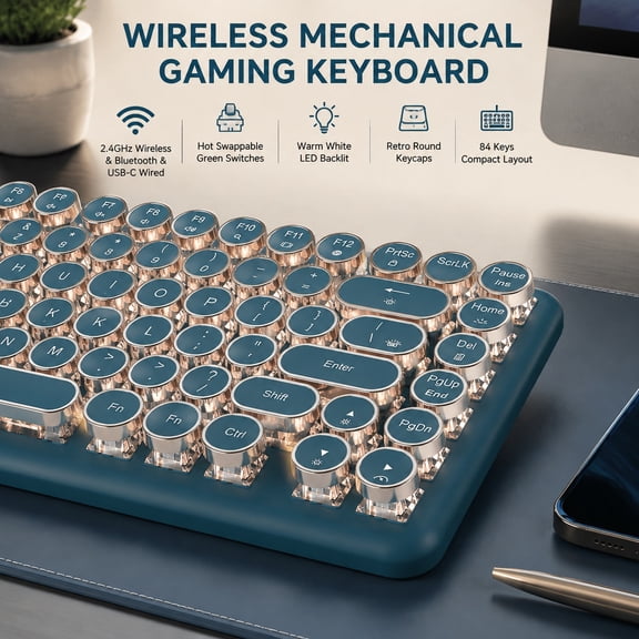 Wireless Mechanical Gaming Keyboard 2.4GHz Bluetooth USB-C Wired 84-Key Hot Swappable Green Switches Warm White LED Backlit Retro Round Keycaps