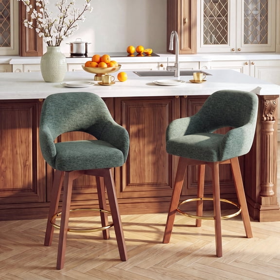 AFO 26" Upholstered Counter Height Bar Stools Set of 2, Modern Swivel Bar Stool with Armrests & Solid Wood Legs, Mid Century Barstool Island Chairs for Kitchen Island Dining Room, Green