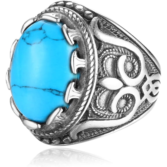 Retro Large Tiger Eye Stone Mens Ring Turquoise Blue Vintage Ring for Men Oval Gemstone Stainless Steel Ring Size 7-13
