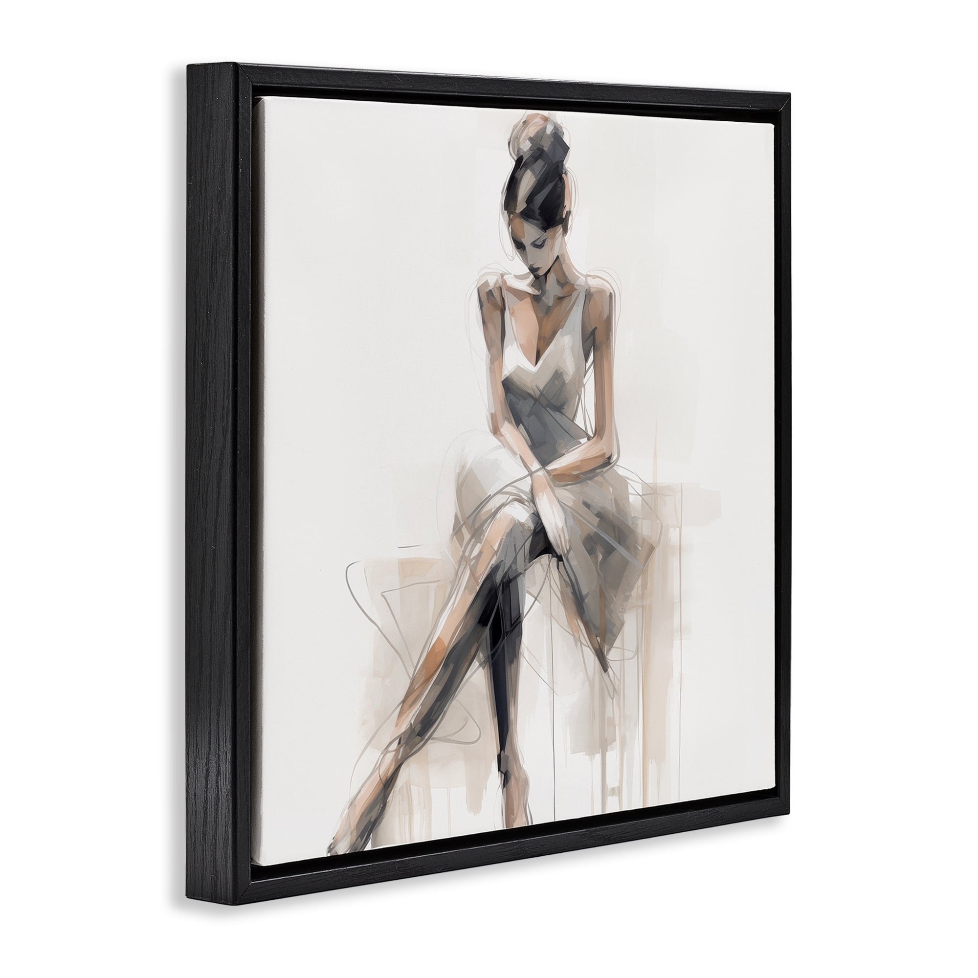 Stupell Industries Female Sitting Portrait People Painting Black Floater Framed Canvas Art Print Wall Art, 25 x 25