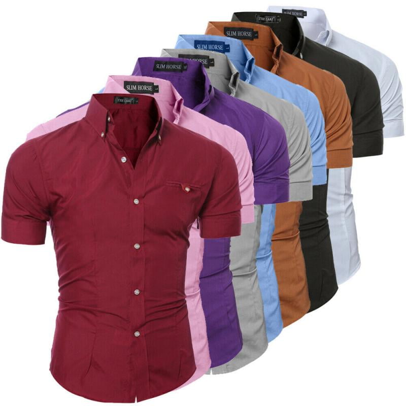 Mens Business Short Sleeve Shirt Stripe Print Casual Slim Tops Lapel Plus Size,Dark Blue,M