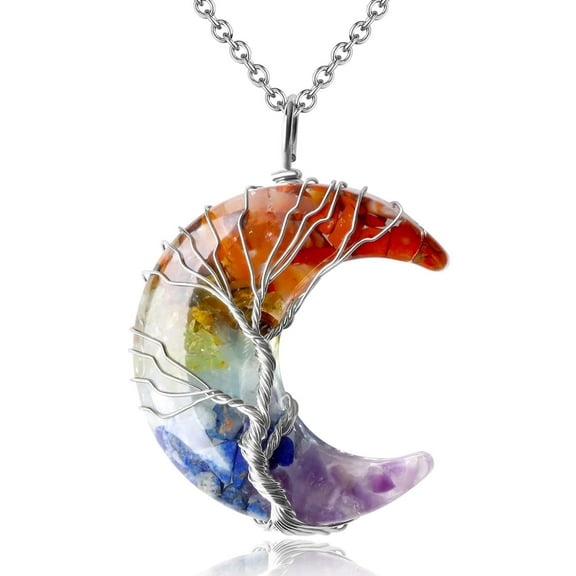 MAIBAOTA 7 Chakra Healing Crystal Necklace Tree Life Wire Wrapped Crescent Moon Stone Pendant Necklaces Natural Resin Reiki Spiritual Quartz Gemstone Jewelry for Women