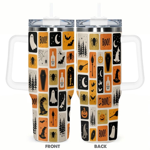 Halloween Spooky BOO 40oz Car Tumbler Insulated Travel Cup with Handle and Straw Ghost Bat Pumpkin Spider Stainless Steel Vacuum Coffee Cup Seasonal Gift for Halloween Lovers