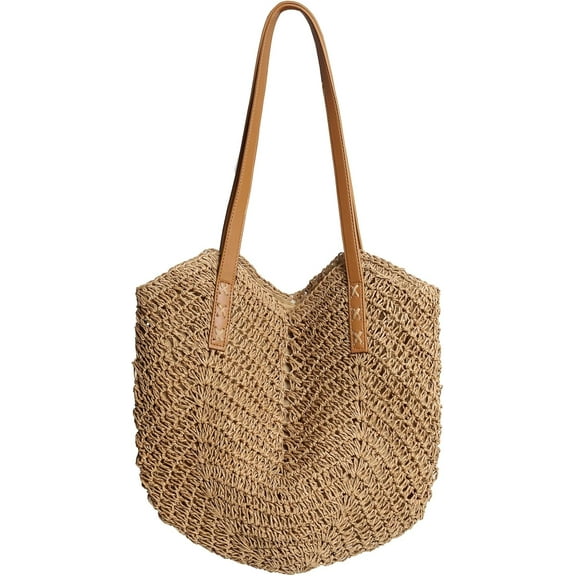 Straw Bag for Women Beach Woven Tote Bag Large Capacity Shoulder Bag for Summer Vacation Brown