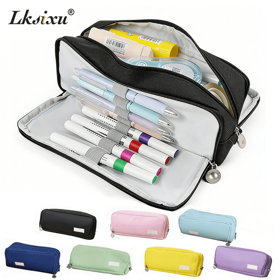 Lksixu Large Capacity Pencil Case, Multi-Slot Pencil Pouch with 3 Compartments, Aesthetic Expandable Pencil Bag with Zipper, Portable Canvas Stationery Organizer for Office Supplies