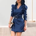 thumbnail image 4 of Spring Women Dress V Neck Belted Waist Smooth Faux Leather Long Bubble Sleeves Solid Color Commuting Shopping Office Mini Dress, 4 of 7