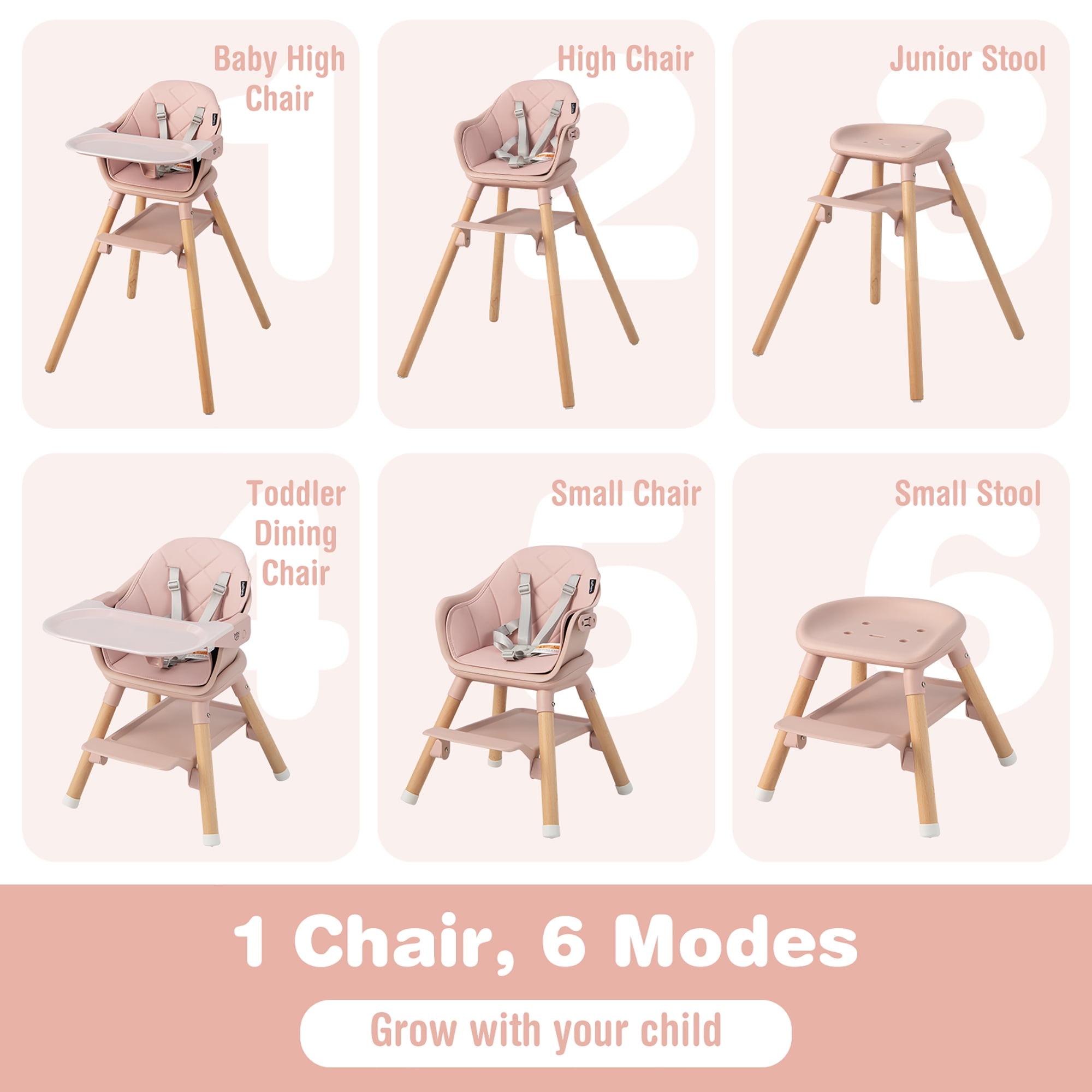 Costway 6-in-1 Convertible Wooden Baby Highchair Infant Feeding Chair with Removable Tray Pink