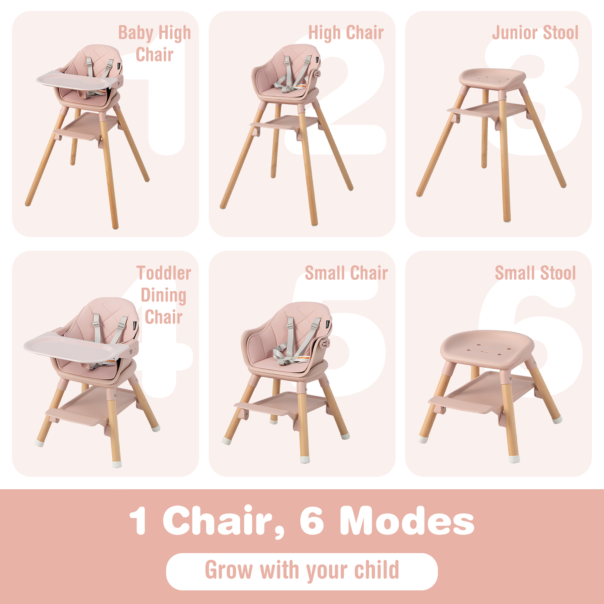 Costway 6-in-1 Convertible Wooden Baby High Chair with Removable Tray, Pink photo 4
