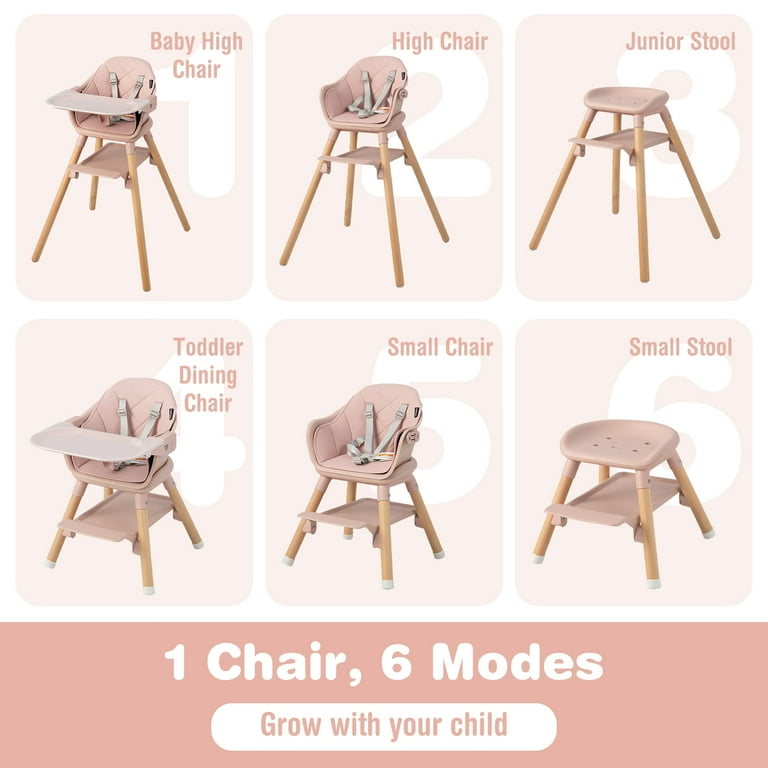 Costway 6 in 1 Convertible Wooden Baby Highchair Infant Feeding Chair with Removable Tray Pink