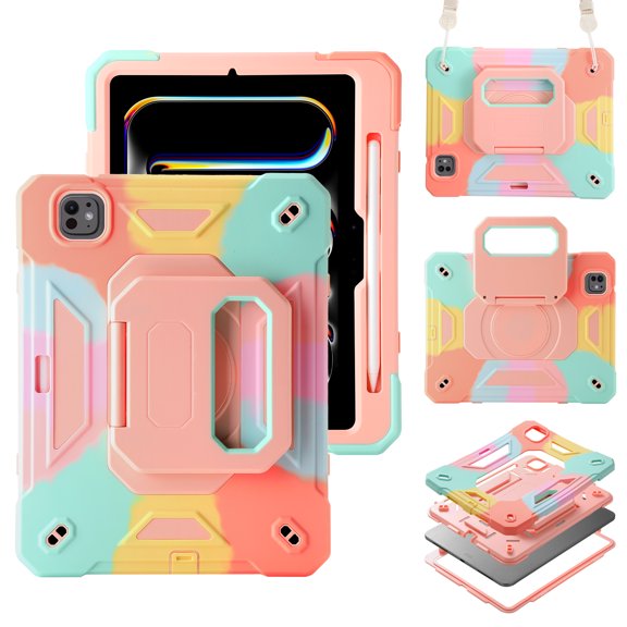 Rugged Case for Apple Pro 11 Inch 2024, Heavy Duty Shockproof Kickstand Handle Design with Shoulder Strap Kids Friendly Drop Protection Case for iPad Pro 11 M4 2024, Colorful Pink