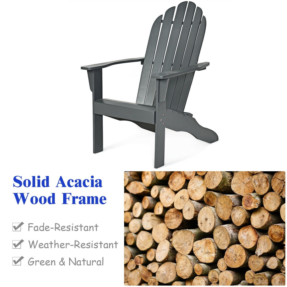 Gymax 2PCS Wooden Classic Adirondack Chair Lounge Chair Outdoor Patio Grey
