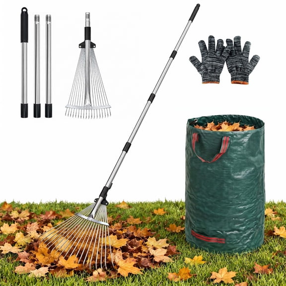 Adjustable Metal Rake for Leaves, Garden Rakes for Lawns Leaves with Expandable Head 7.9-17.3"