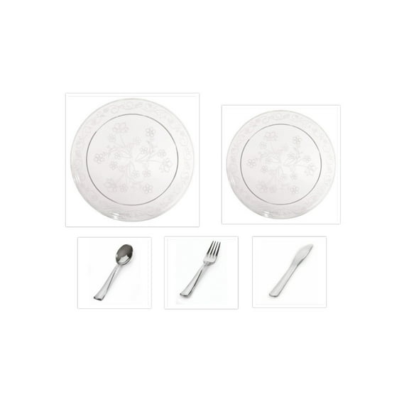 Party Source D 'Vine collection Scroll ware clear plate 10 in, salad plate 7 in cutlery 120 pcs