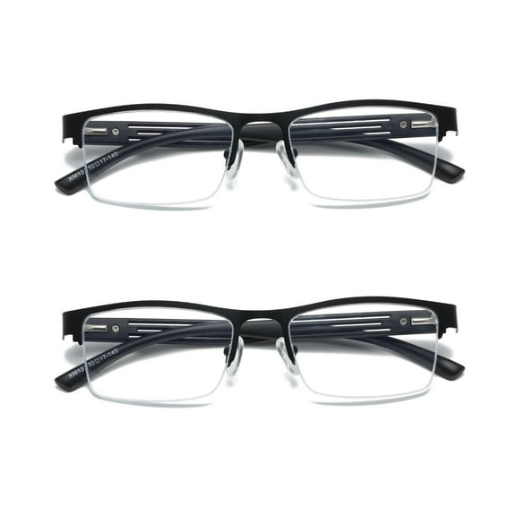 2 PK Mens Reading Glasses Spring Hinge - Square Metal Half-Frame - Blue Light Blocker Readers 0.75