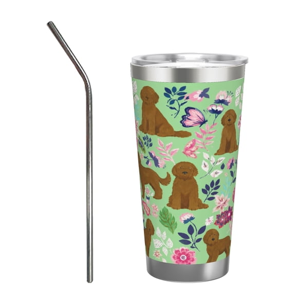 20oz Brown Doodle Dog Tumbler with Handle and Straw Floral Puppy Stainless Steel Insulated Travel Coffee Cup Gift with Stainless Steel Straw