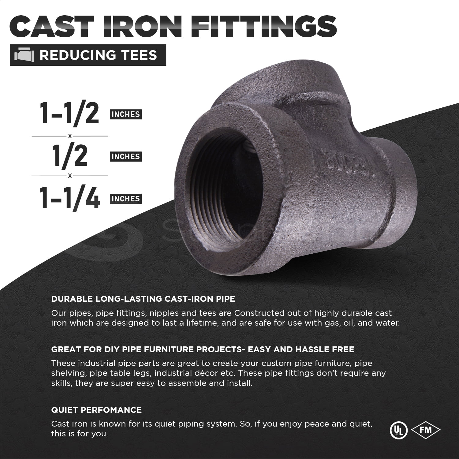 Supply Giant 1-1/2" x 1/2" x 1-1/4" BLack Pipe Fitting Reducing Tee Cast Iron