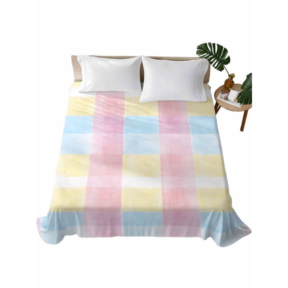 Full Flat Sheet 81"x96", Colorful Plaid Soft Lightweight Bedding Flat Sheets Only, Modern Pink Blue Yellow Stripes Checked Brushed Microfiber Top Bed Sheet, Breathable StainResistant Bedsheets