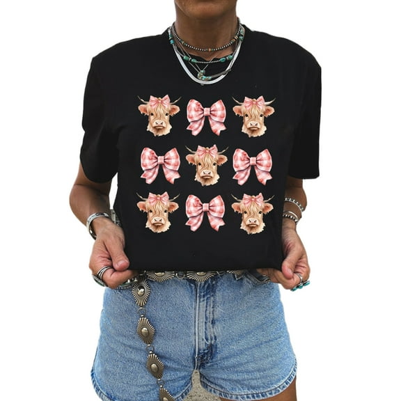 Women's Black Cow with Bow Graphic Crewneck Western Tee - Casual Summer Top | [ZhiHiMeRi] | (US 20-22)2XL