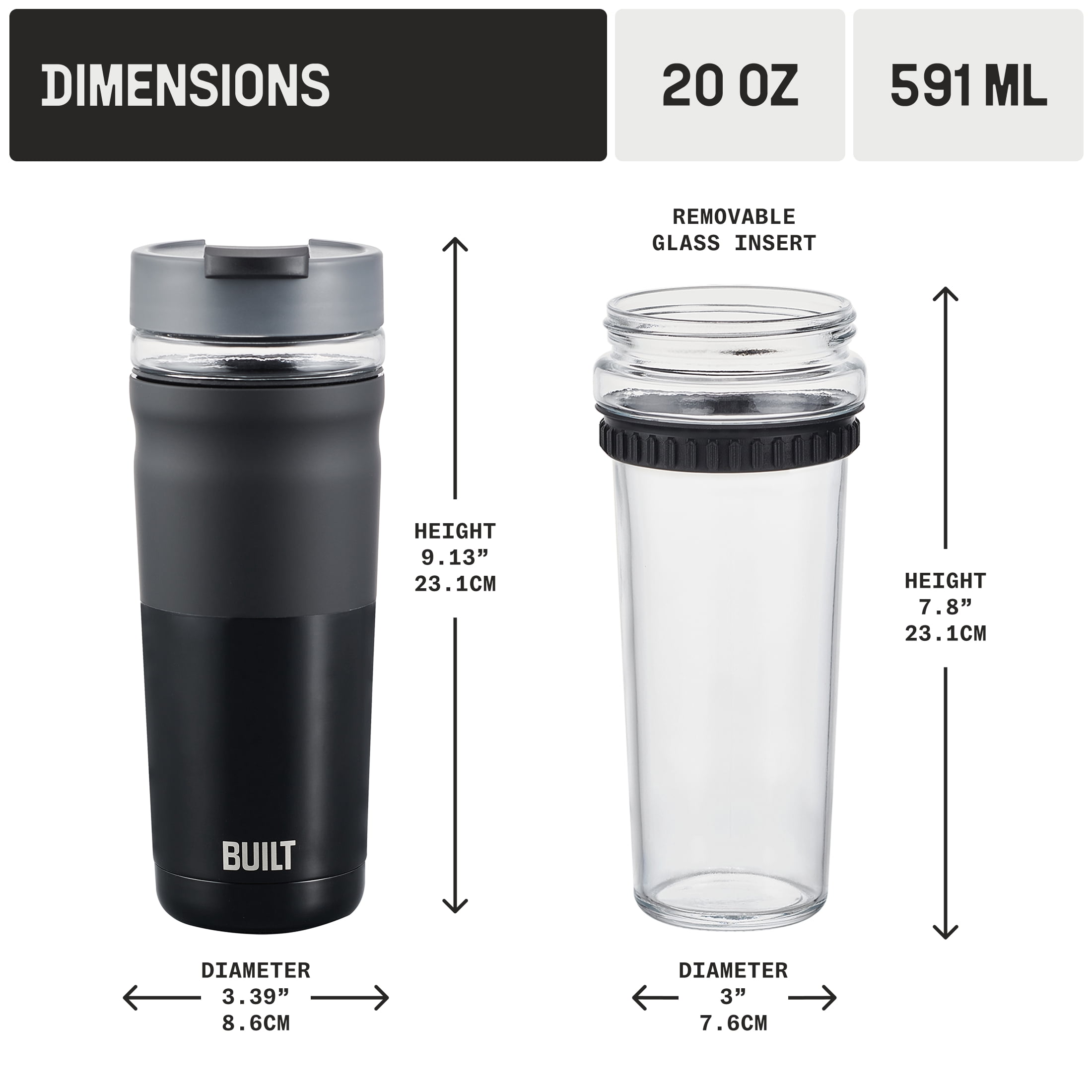 Built Glassx 20 oz Two-Tone Black Insulated Stainless Steel Tumbler with Glass Interior