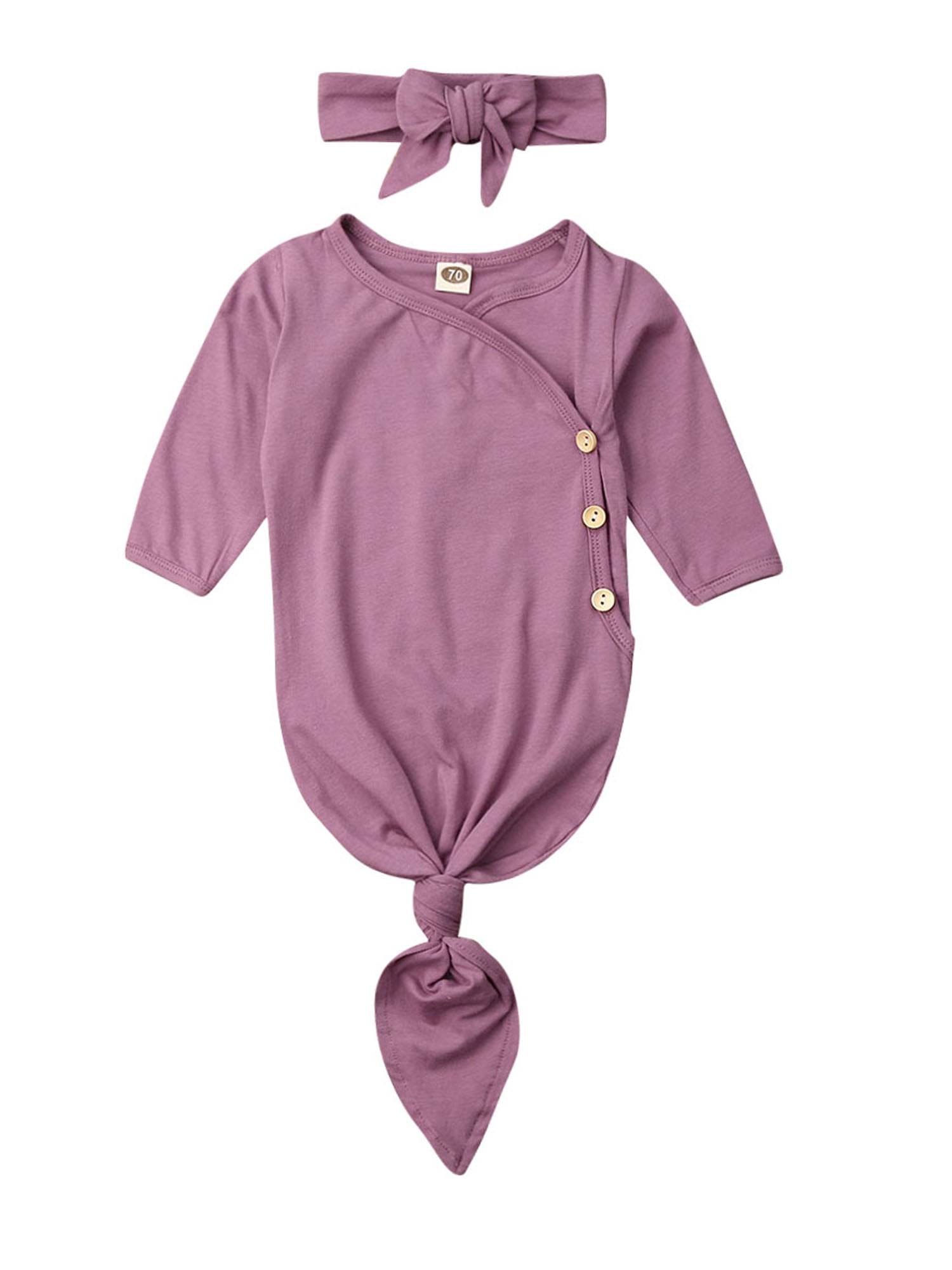 Newborn Unisex Baby Cotton Striped Sleepwear Nightgown & Headband Set Knotted Sleeping Bag
