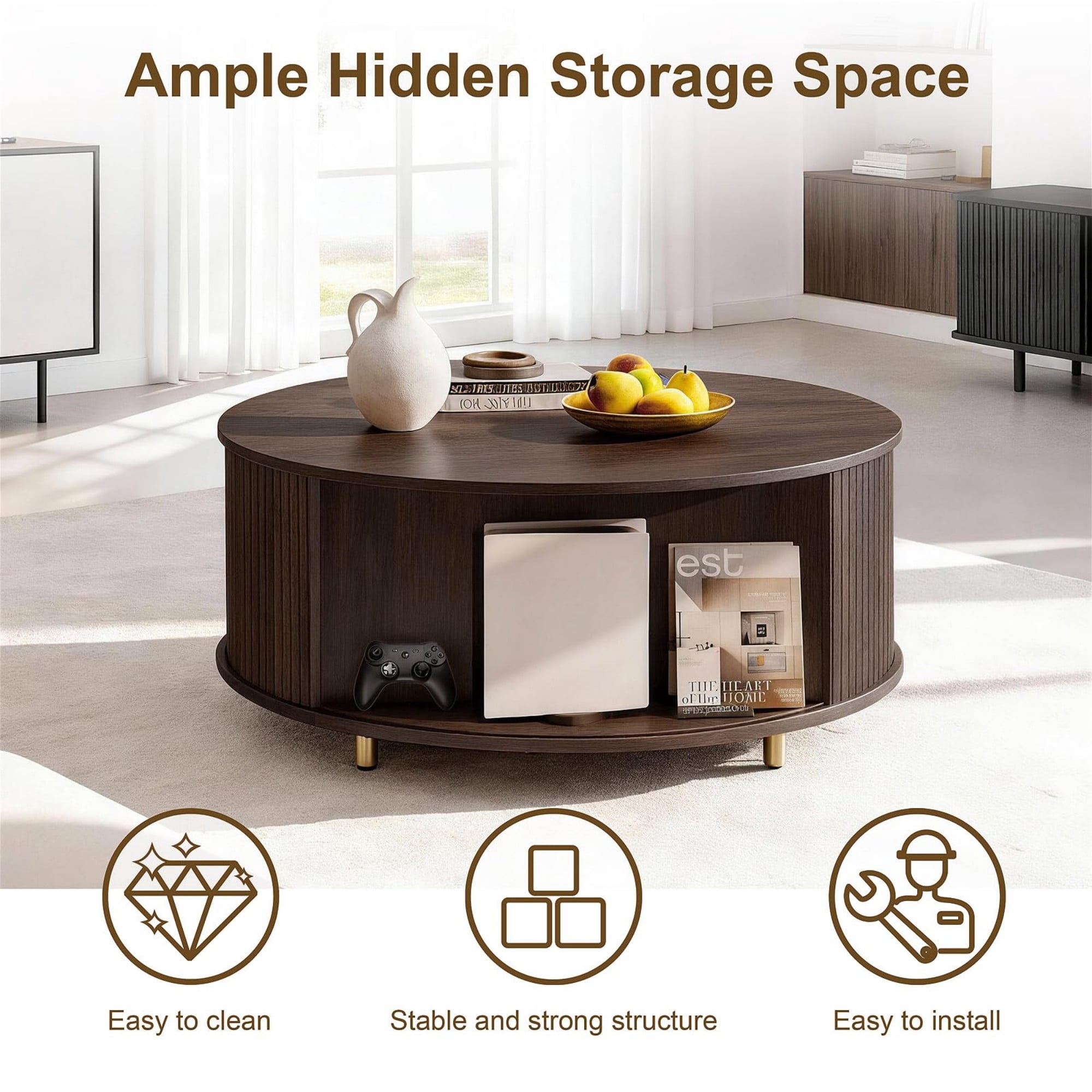 31.5" Round Coffee Table, Mid Century Modern Fluted Coffee Table with 360° Sliding Tambour Door & Storage, Coffee