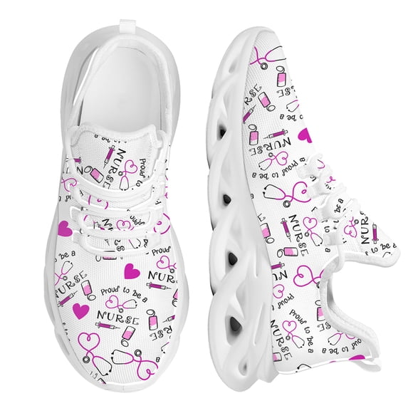 Zapatillas de running ligeras para mujer, zapatillas de deporte de malla antideslizantes con patrón rosa para enfermeras y hospitales