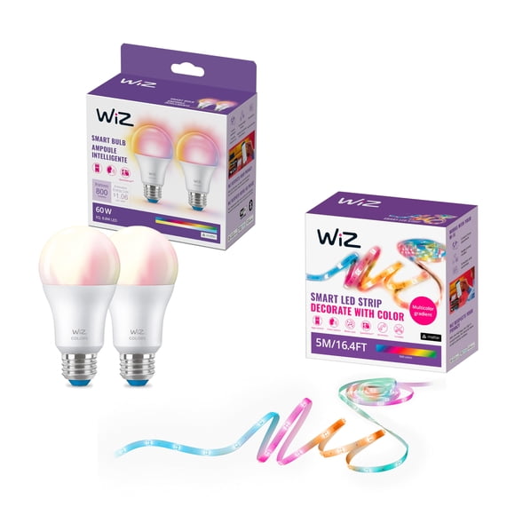 Paquete de iluminación inteligente WiZ RGBIC LED Tira de 5 m más 2 bombillas A19