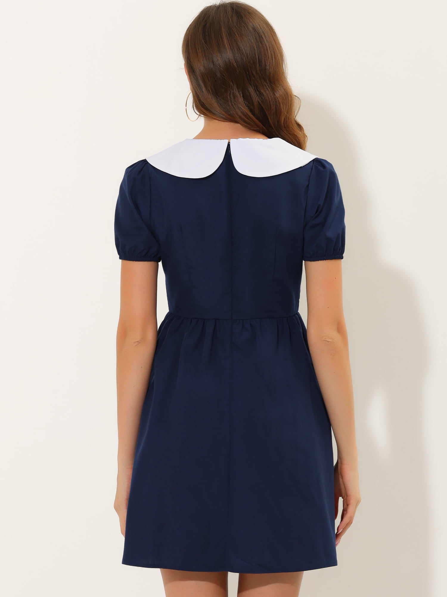 Unique Bargains Women's Contrast Peter Pan Collar Puff Sleeve Above Knee Dress XL Navy Blue